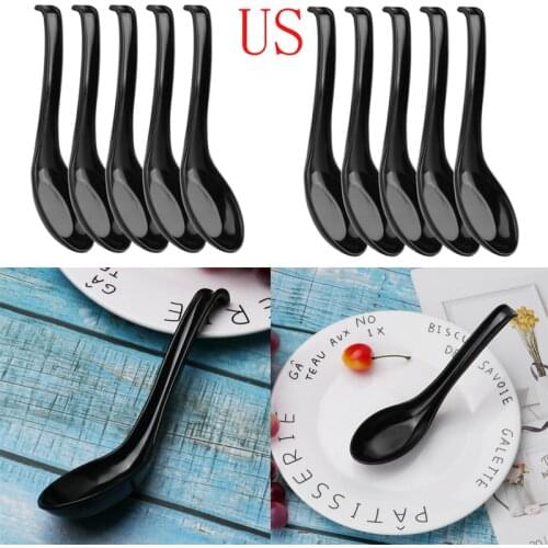 5/10Pcs Chinese Asian Spoon Rice Soup Spoons Long Handle Hook Serving Flatware Non Stick Plastic Melamine Ramen Spoon Tableware