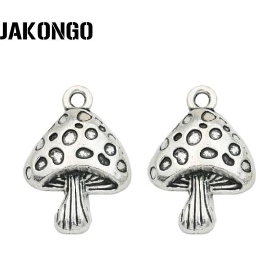 JAKONGO Antique Silver Plated Mushroom Charms Pendants for Jewelry Making DIY Handmade Craft 28x18mm 10pcs/lots