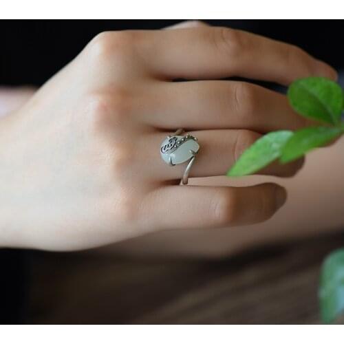 Natural 925 sterling silver inlaid white hetian jade ring, handmade simple retro ring, wedding jewelry gift rings for woman