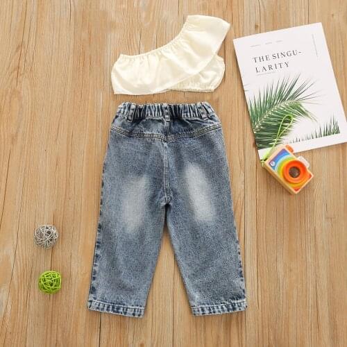 2PCS Summer Clothes Set One shouler New Fashion Toddler Kids Baby Girl One Shoulder Tank Tops Hole Denim Pant Jeans