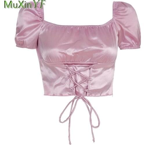 Summer Womens Fashion Short Sleeve Crop Tops 2021 Trendy Slash Neck Drawstring Shirt Lady High Street Slim Lace Up Satin Tops