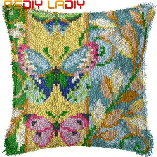 Latch Hook Cushion Colorful Butterfly Pillow Case Pre-Printed Canvas Acrylic Yarn Latched Hook Pillow Crochet Cushion Cover Kits