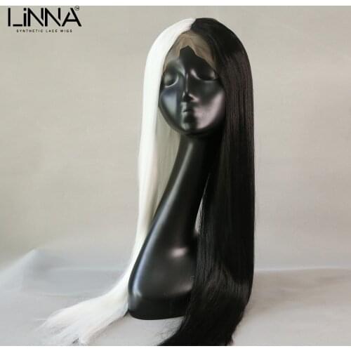 LINNA Long Straight Synthetic Lace Front Wigs For Women High Density Temperature Cosplay Wig Black And White Part Lace Wig