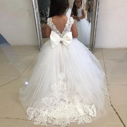 Cute Kids Flowers Girls Dresses Tulle Appliques Pleat Scoop Bows Sleeveless Backless A-Line Gowns Novia Do 2021 New Party
