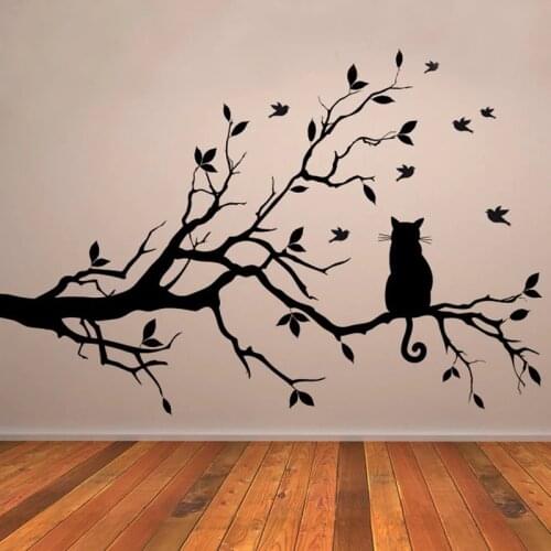 Black Cat On Tree Branch Birds Wall Sticker For Kids Rooms Home Decor Living Room Bedroom Glass Kitchen Carved Vinyl Wall Decals