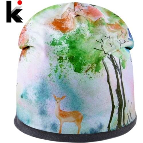 New Fashion Women Hat Beautiful Deer Printing Caps Girls Personality Skullies Beanies Men Winter Outdoor Casual Ski Thick Bonnet