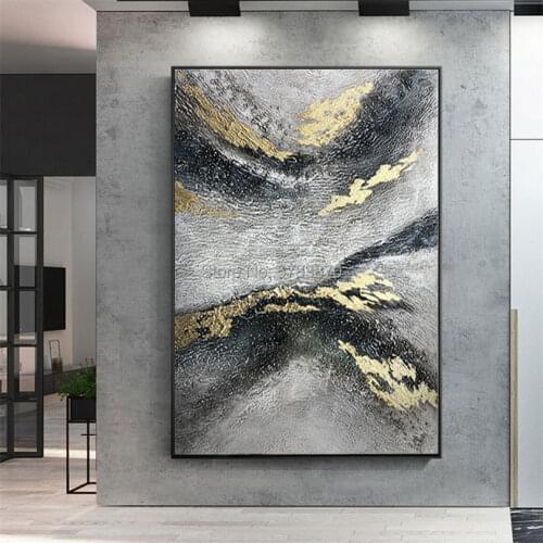 Hand painted Extra Large Modern Abstract Wall Art Black golden Contemporary Thick oil Painting On Canvas original mural art