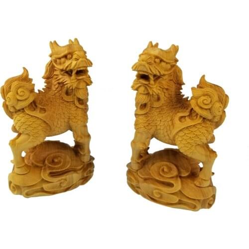 A pair of Chinese Unicorn lion and Sinus wood carving Dragon Mascot wooden sculpture furniture decoration