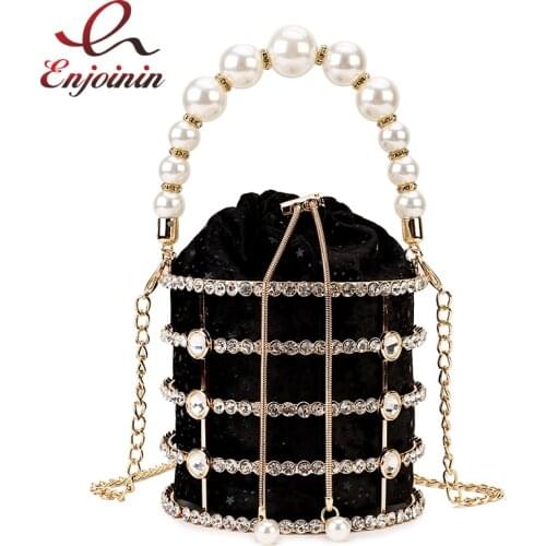 Luxury Diamond Metal Bucket Pearl Handle Women Party Clutch Purses and Handbags Hollow Designer Bag Wedding Chain Shoulder Bag