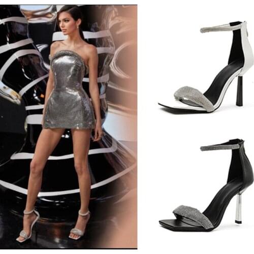 Rhinestone Sexy Women Sandals Pop Summer PU Leather High Heels Pumps Crystal Ankle Strap Night Club Party Prom Shoes