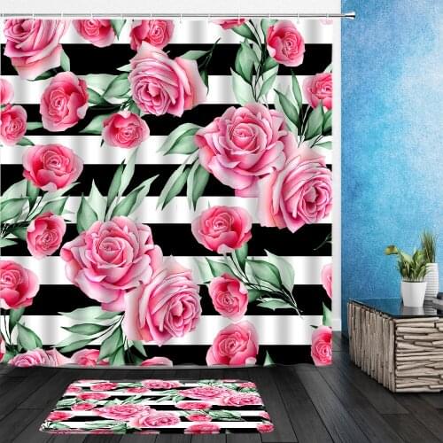 2pcs Set Flower Butterfly Shower Curtains Floral Plant Leaf Black White Stripes Bathroom Hanging Fabric Curtain With Flannel Mat