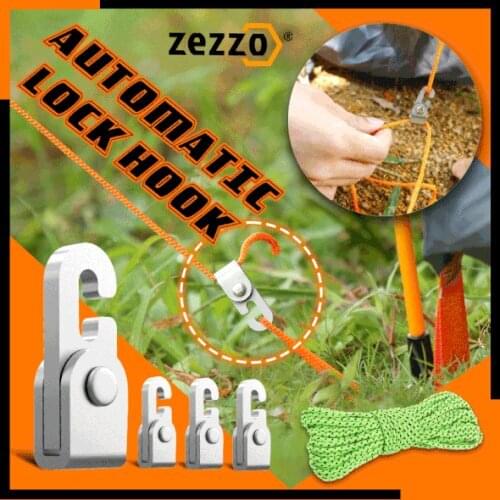 Zezzo®Automatic Lock Tension Hook Self-locking Free Knot Easy Tighten Rope Kit For Camping Tent Accessories 4pcHooks +1pc6m Rope