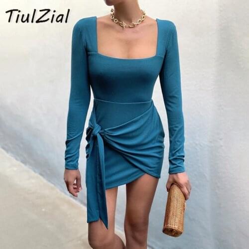 TiulZial Square Collar Lace Up Bodycon Women Club Dress Solid 2021 Autumn High Waist Mini Long Sleeve Short Party Dresses