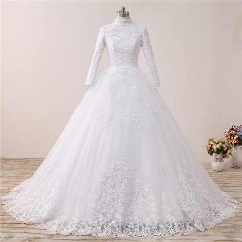 Elegant Vestido De Noiva Long Sleeve Ball Gown Wedding Dress Muslim High Neck Appliques Beaded Lace up Vintage Bride Dresses