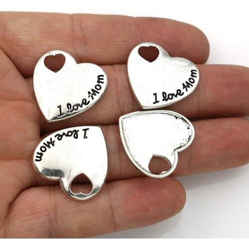 15PCS Antique Silver Plated I Love Mom Heart Charms Pendants for Jewelry Making DIY Handmade Accessories