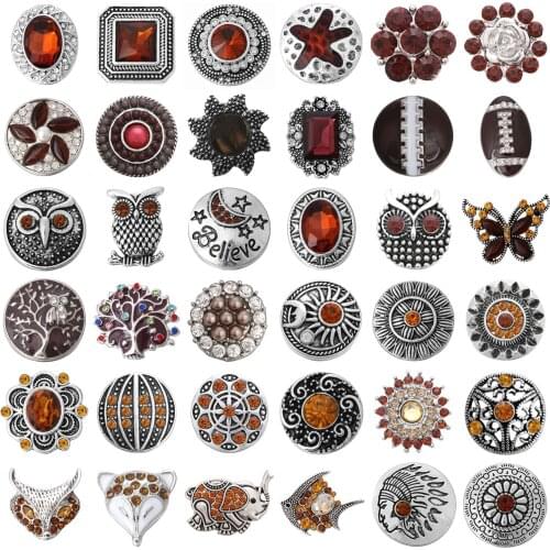 5pcs/lot Brown Snap Button Jewelry 18mm Metal Snap Buttons Jewelry Mixed Rhinestone Buttons Fit Snap Bracelet Charm Jewelry