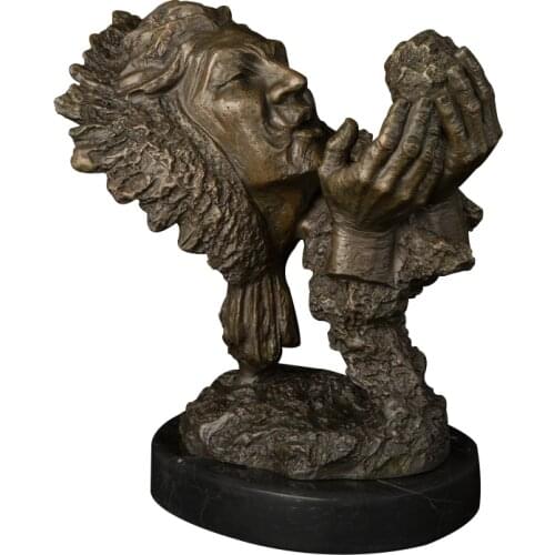 ArtsHom DS-502 Ancient Indian Man Holding Food Bronze Statue Indian Bust Head Sculpture With Marble Base For Collectible