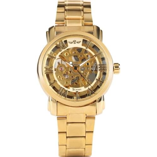 Mens Skeleton Watch Automatic Self-Winding Mechanical Watch Stainless Steel Strap Vintage Style Gold Luxury Wristwatch