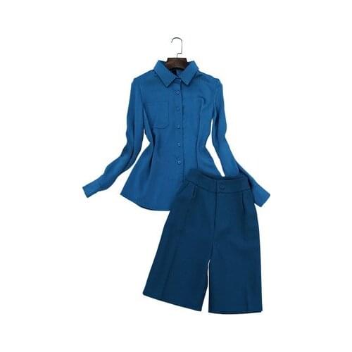 Fashion pants suit spring and summer New casual striped slim shirt + High-waist colored five-point pants two-piece Sets women