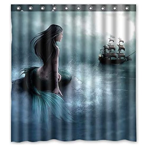 Beautiful Mermaid Art Sea and Boat Waterproof Polyester Bath Shower Curtain