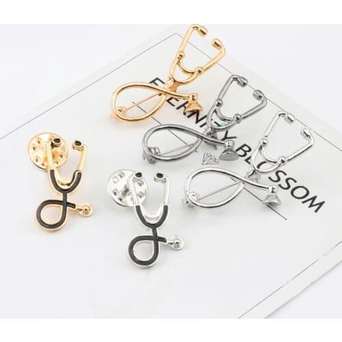 Stethoscope Brooches Metal Pins Black Gold Silver Color Corsage Badges Doctor Nurse Physicians Medical Jewelry Gifts for Student