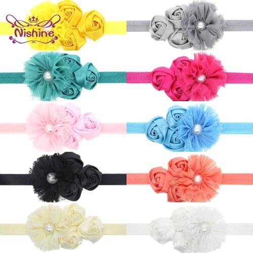 Nishine 1 PCS Solid Color Handmade Rose Flowers Infant Headband Fashion Chiffon Floral Elastic Hairband Sweet Hair Accessories