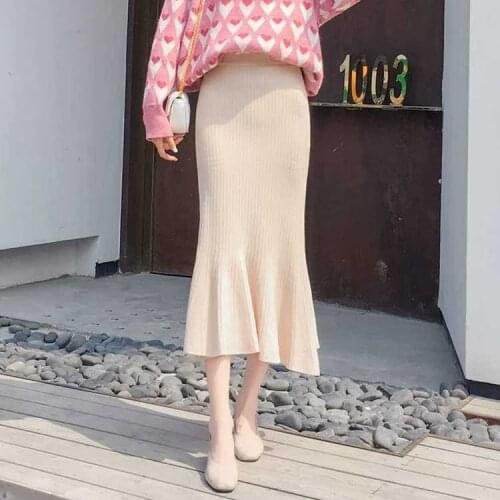 2021 Autumn Winter Women Slim High Waist Mermaid Skirts Lady Chic Package Hip Knitted Faldas Female Casual Thick Warm Skirt Q233