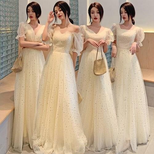 Bridesmaids Dresses Illusion Strapless Floor-Length Off The Shoulder Sequined Lace Tulle Champagne Women Wedding Party Gown E226