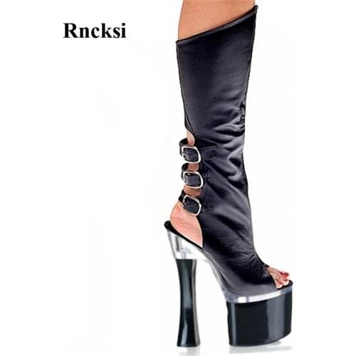 Rncksi Peep Toe Party Quee Zipper Chick Square Heels Shoes Womens Boots Back Strap Dance Shoes 18cm Heels High Knee High Boot