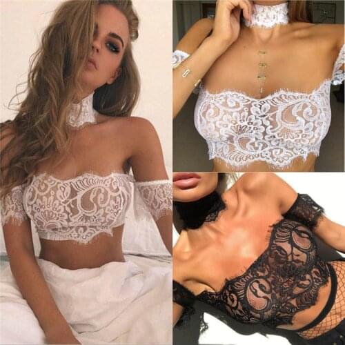 Sexy Women Lace Off Shoulder Tube Tops Strapless See Through Short Sleeve Summer Short Lingerie Crop Top Underwear