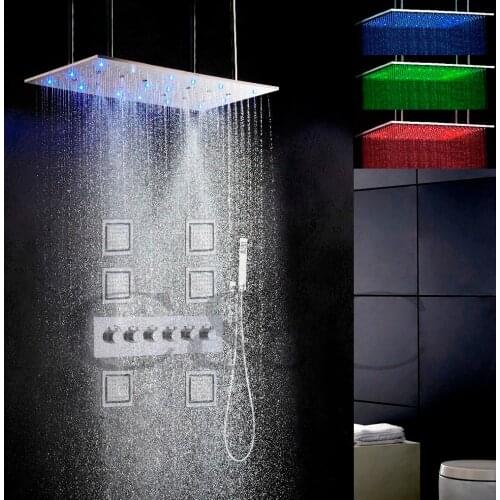 Bathroom Bath & Shower Faucet Set 800X400 mm Atomizing Swash And Rainfall LED 3 Color Temperature Sensitive Shower Head