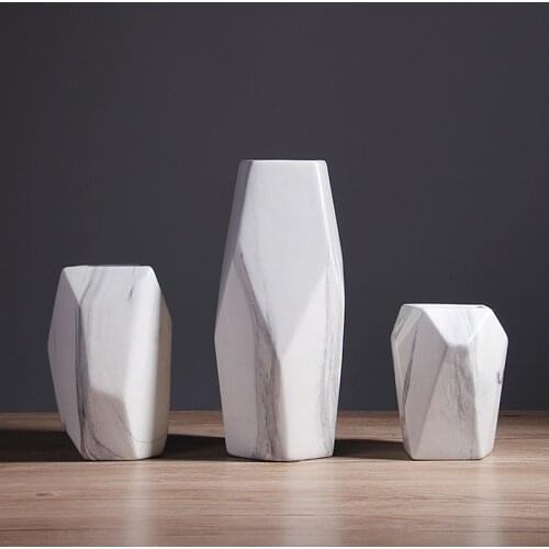 1pc Modern White Marbled Vase Geometric Shaped White Ceramic Flower Vase Desk Tabletop Holder Home Office Decoration, 16/20/31cm