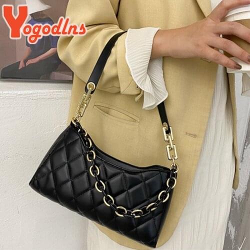 Yogodlns Luxury Chains Baguette Bag For Women PU Leather Shoulder Bag Designer Armpit Bag Casual Handbag Trendy Lady Purse Bolso