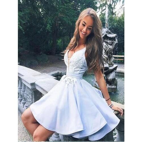 Women Short Homecoming Dresses Satin V Neck Prom Party Gowns Lace Appliques Beaed Cocktail Dress vestidos
