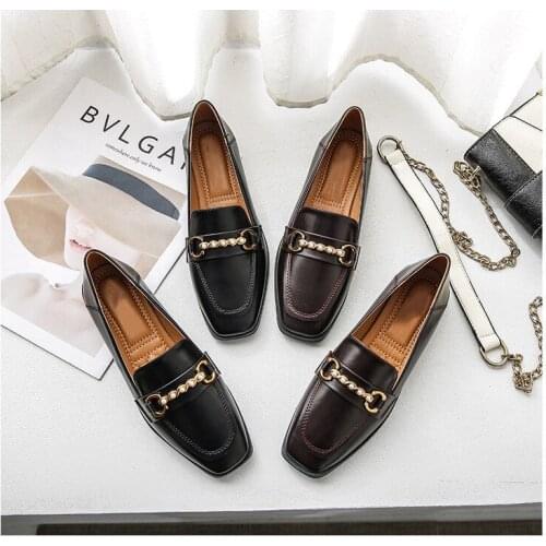 New Women Flat Shoes Square Head Oxford Shoes Woman Genuine Metal Decorative Rhinestones Women Shoes Women Loafers Large size43