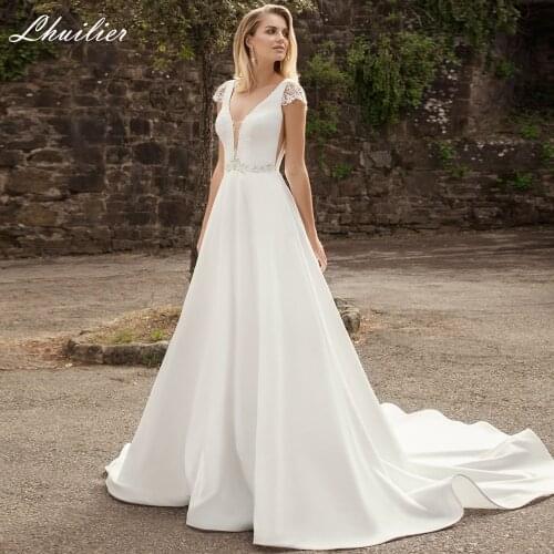 Lhuilier Womens V Neck A-line Satin Wedding Dresses 2021 Floor Length Cap Sleeves Beaded Court Train Backless Bridal Gowns