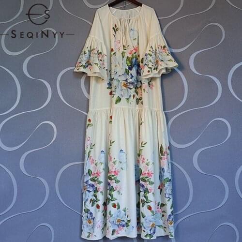 SEQINYY Long Loose Dress Plus Size Early Autumn Spring New Fashion Design Women Runway Flowers Print Elegant Flare Sleeve