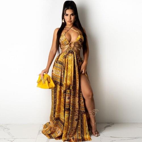 Vintage Print Summer Dress Women Waist Cut Out Backless Halter Robe 2021 Festival Clubwear Bodycon Sexy Party Maxi Dresses