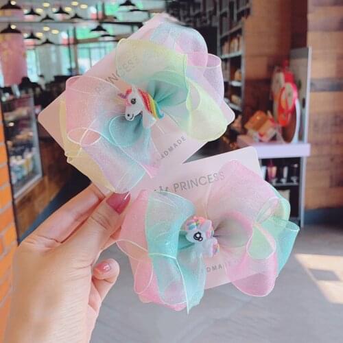 8pcs/lot Gradient Pastel Unicorn Hair Bows Clips Rainbow Hairbows Girls Hairpins Lovely Party Dance Hairgrips Hair Accessories