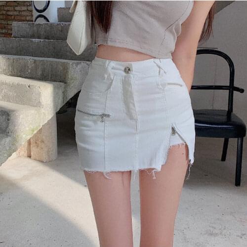 Spot New Chinese temperament fashion trend split high waist tight fur-edge jeans skirt