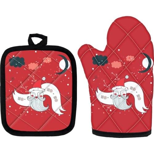 Kitchen Cooking Gloves for Christmas Santa Claus Print Microwave Oven Mitts and Pad Holders Set Kawaii Xmas Baking Gloves 2021