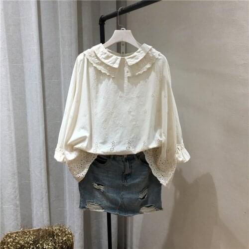 Lamtrip Lolita Cotton Embroidery Ruffles Peter Pan Collar Loose Shirt Retro Blouse Mori Girl