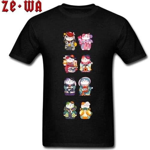 Kawaii Tees Men T-shirt Lucky Cat Print T Shirts Japan Style Youth Tshirt Cotton Black Clothes Gift Maneki Neko Cartoon Tops