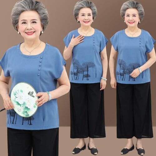 Middle-aged Womens Sets Fashion Printing Short Sleeve T-shirt & Wide Leg Pants 2 Pcs Sets Suit Grandma Summer Clothing 5XL K191