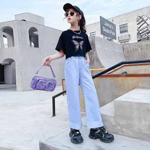 Girls Clothing Set Summer Butterfly Pattern Short Sleeve T Shirt Wide-Leg Pants 2PCS Suit for Kids Clothes Fashion Child Outfits