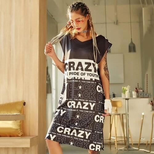 Hip Hop Costume Adult Trendy Letter Printed Loose Sleeveless T-Shirt Top Dress Women Street Dance Clothing Dancing Outfits DT898