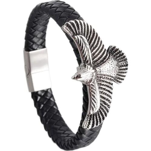 Fashion Classic Cool Hight Quality Eagle Black Leather Bracelet Mens Rock Punk Biker Jewelry Gift
