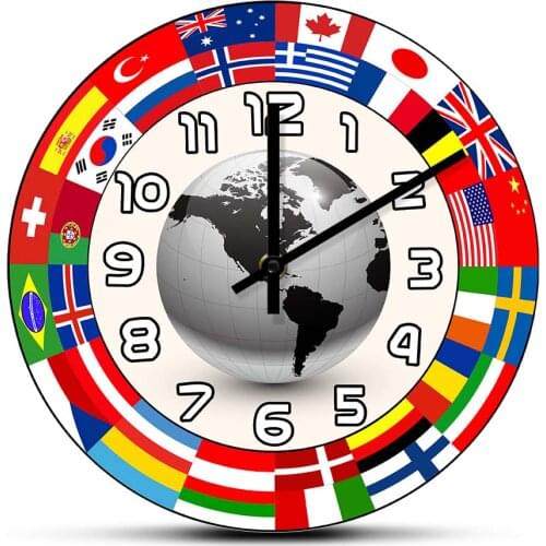 Ring of Flags Around Earth Wall Clock Modern Design Office Decor Planet World Flags Printed Wall Clock Globe Travel Lovers Gift