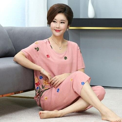 Pajamas Linen Cotton Thin Section Summer Middle-Aged And Elderly Female Mother Can Wear Cotton Home Service Loose Sleepwear