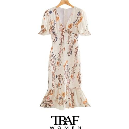 TRAF Za Women Chic Fashion Floral Print Ruffled Sheath Midi Dress Vintage Back Zipper Stretchy Slim Female Dresses Mujer